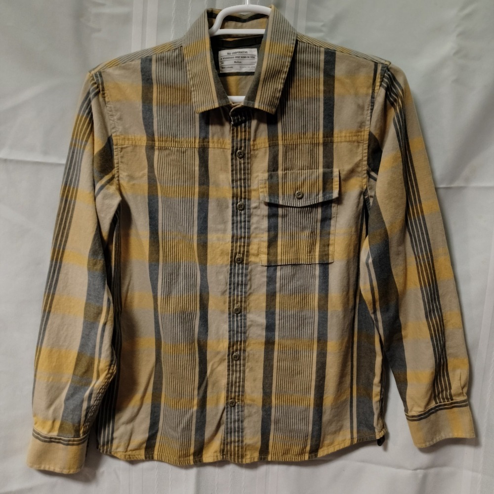 REI Co-op Mens Medium‎ Yellow Grey Plaid Cotton Button Down Long Sleeve Shirt